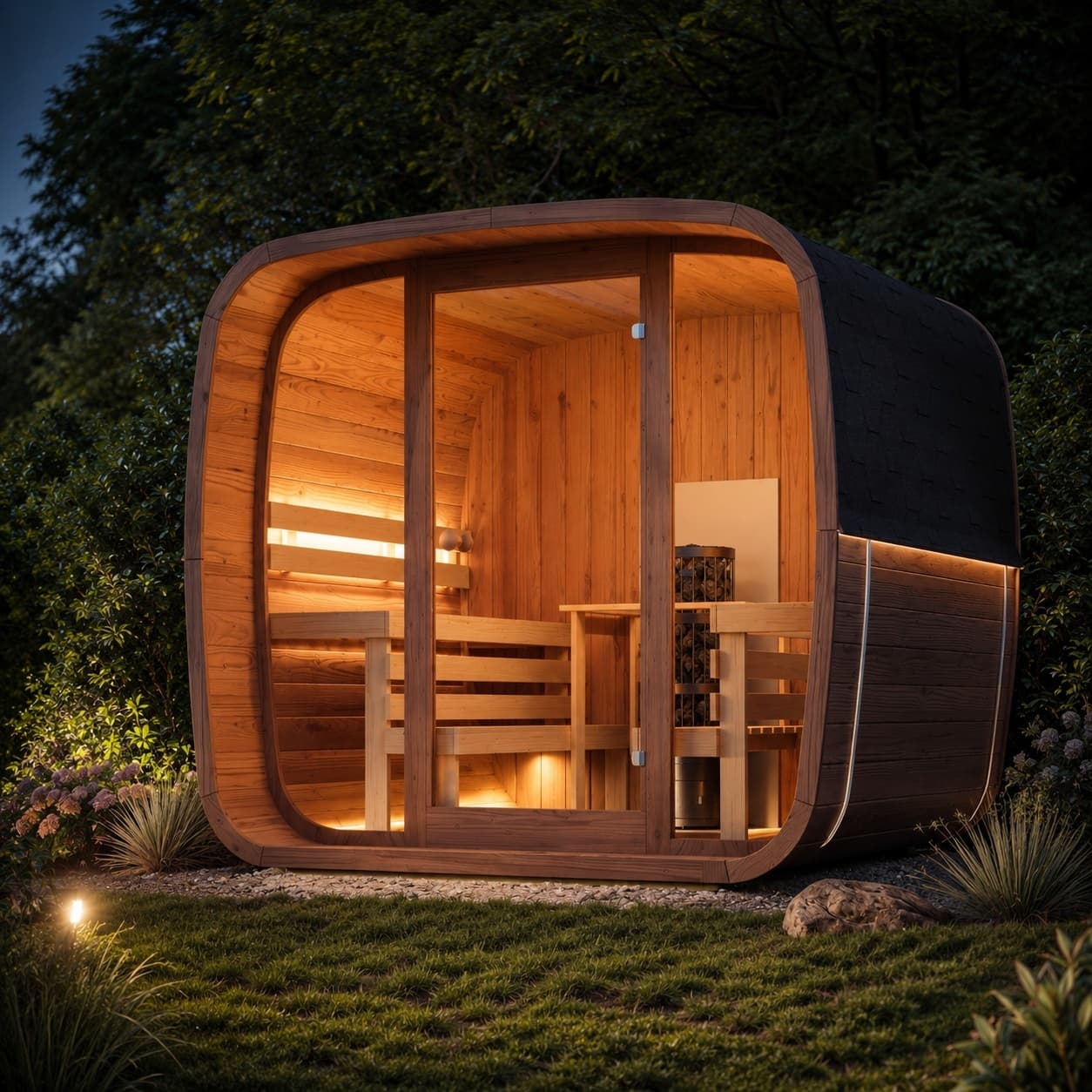 Sauna Regenerum nocą z podświetlonym wnętrzem